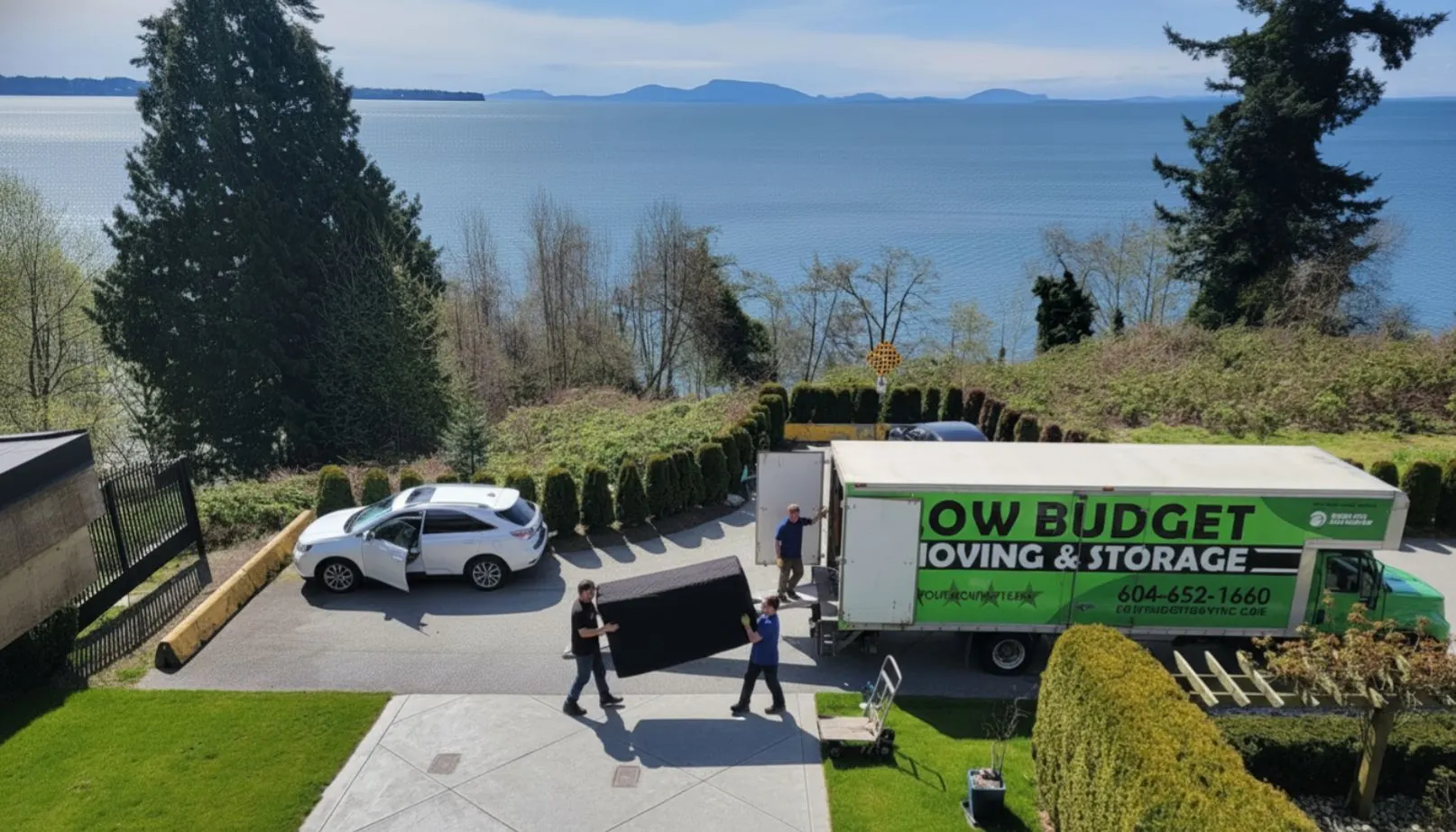 Low Budget Moving crew unloading a truck in a driveway overlooking the ocean